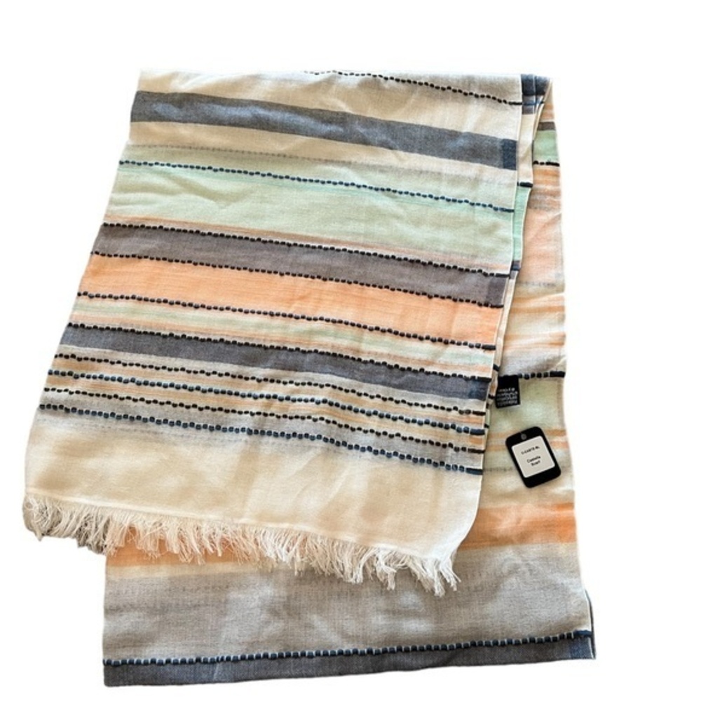 NWT Asian Eye “Castella” Light Cotton Striped Scarf, peach blue green